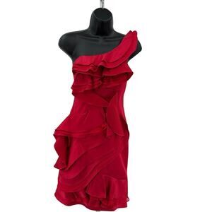 BCBGMaxAzria Mini Dress SZ 8 Jonesy Ruby Red Ruffle Cocktail Party One Shoulder